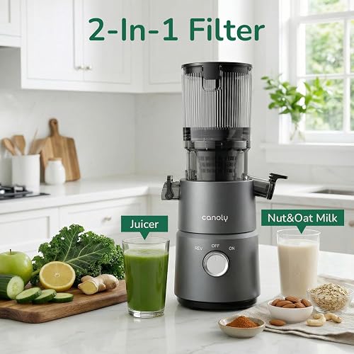 Canoly C03 Cold Press Juicer, 4.5" Wide Feed Chute Juicer Machine with 200W AC Motor, Fit Whole Vegetables & Fruits, 2-in-1 Strainer (Juice & Nut Milk Maker), Space-saving, Easy to Clean, Dark Gray thumbnail 3