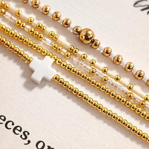 EQUBIO Gold Beaded Cross Bracelet for Women, 14K Plated Adjustable Stackable Dainty Bracelets, Non Tarnish Fashion Jewelry Set Gifts for Women Birthday Friendship thumbnail 6