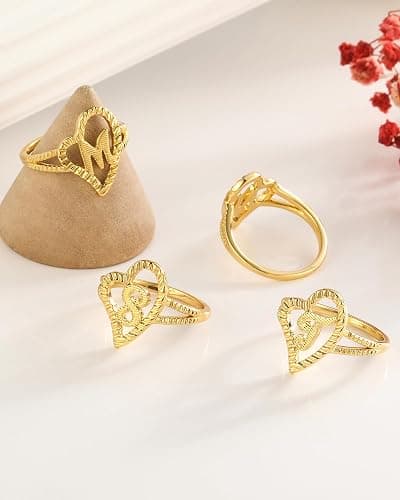 ZHESHY Gold Rings for Women Non Tarnish Dainty 14K Gold Plated Initial Rings Vintage Heart Letter Statement Thumb Rings Size 6-10 Personalized Jewelry Gifts thumbnail 5