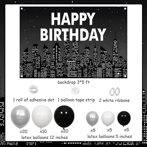 Cheerupp Black NYC Skyline Theme Happy Birthday Decorations Set | New York City Themed, NYC Skyscraper Design, Vinyl Backdrop, DIY Balloon Garland Kit, for Bday Party Decor thumbnail 6
