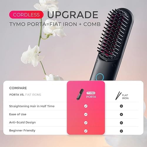 TYMO Porta Cordless Hair Straightener Brush, Portable Mini Straightening Brush for Travel, Negative Ion Hot Comb Hair Straightener for Women, Lightweight to Carry Out, USB Rechargeable, Black thumbnail 3