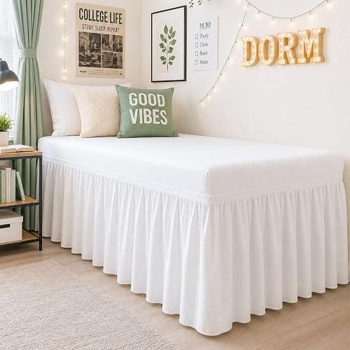 Cottington Lane Twin XL Dorm Bed Skirt 32 Inch Drop, Extended Ruffled College Dorm Bed Skirt, Wrap Around Dust Ruffle, Premium Brushed Microfiber Extra Long Bed Skirt for Twin XL Dorm Beds, White - Image 1