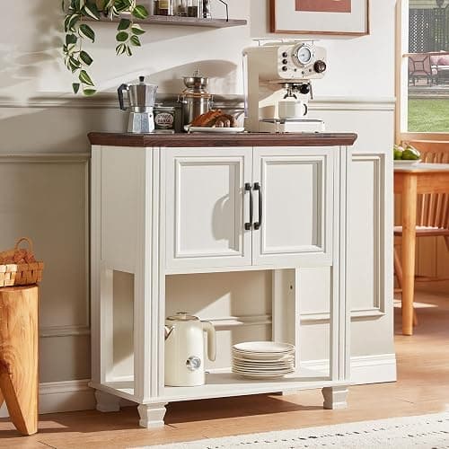 SAVOR LIFE Farmhouse Coffee Bar Table with 2-Door Cabinet, Kitchen Storage Cabinets with Open Shelf, Coffee Station for Dining Room, Kitchen, Hallway, Living Room, White - Image 1