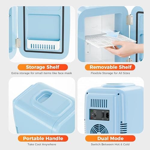 YASHE Mini Fridge, 4 Liter/6 Can Mini Makeup Fridge, 110V AC/ 12V DC Portable Thermoelectric Cooler&Warmer for Skincare, Drink, Cosmetic, Medicine, Small fridge for Bedroom, Office, Dorm, Car, Blue thumbnail 3