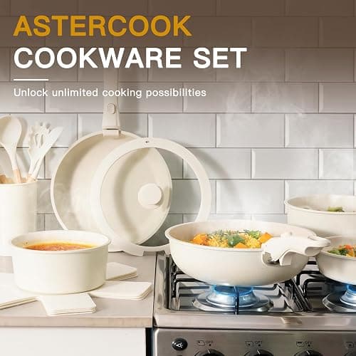 Astercook Ceramic Non-stick Cookware 21 Pcs Pots and Pans Set, Detachable Handle, RV Kitchen Non Stick Cooking Set Removable Handles, Oven Safe, Induction Ready, Stackable, Cream White thumbnail 5