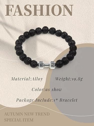 GAUEIOUR Black Dumbbell Bracelet for Men,Volcanic Lava Stone Adjustable Natural Stone Beads Bracelet,Fitness Alloy Barbell Charm Jewelry Gifts for Men thumbnail 2