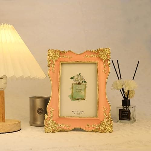 Kaolituis Vintage Picture Frame 4x6 with Gold Trim Antique Tabletop Wall Hanging Photo Frame with Glass Front for Home Decor,Gift Ideas (Pink) thumbnail 2