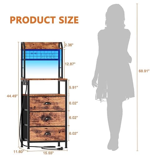 Furologee 44'' Tall Nightstand with Charging Station, Bedside Table with LED Lights, End Table with 3 Drawers and Storage Shelves, Night Stand with Pegboard for Bedroom, Rustic Brown thumbnail 3