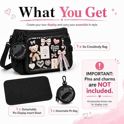 Inshere Ita Messenger Bag, Nylon Cute Pin Display Crossbody Bags Handbags Kawaii Shoulder Purse thumbnail 2