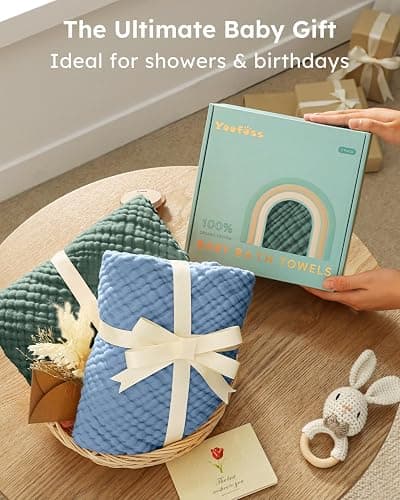 Yoofoss Hooded Baby Towels for Newborn 2 Pack 100% Muslin Organic Cotton Baby Bath Towel with Hood for Babies, Infant, Toddler and Kids, Large 32x32Inch, Soft and Absorbent Newborn Essential thumbnail 5