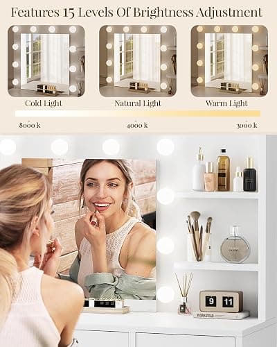 LIVELYGLOW Lighted Makeup Vanity Desk, 35.4“W x 15.7'”D x 54“H, White (with Lights and Mirror, Dimming Function, 2 Drawers and 1 Cabiniet, Open Shelves) by Boahaus thumbnail 3