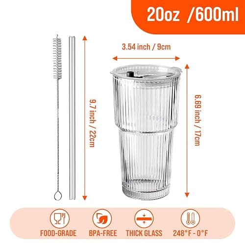 SUROQUE 20oz Ribbed Glass Tumblers with Lids & Straws, Ideal for Iced Coffee, Cocktails & More - Includes Cleaning Brush thumbnail 2