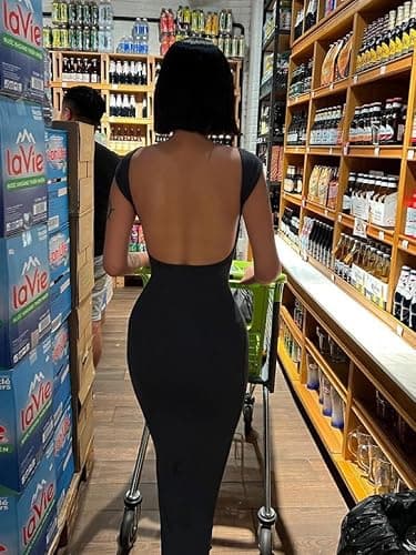 AYWA Womens Sexy Backless Maxi Dress Casual Bodycon Short Sleeve Party Club Long Dresses thumbnail 2