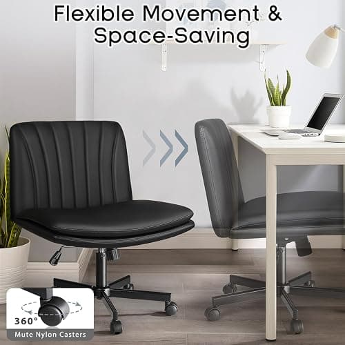 PUKAMI Criss Cross Chair with Wheels,PU Leather Armless Cross Legged Office Vanity Desk Chair for Home Office,Modern Swivel Height Adjustable Wide Seat(Black) thumbnail 4