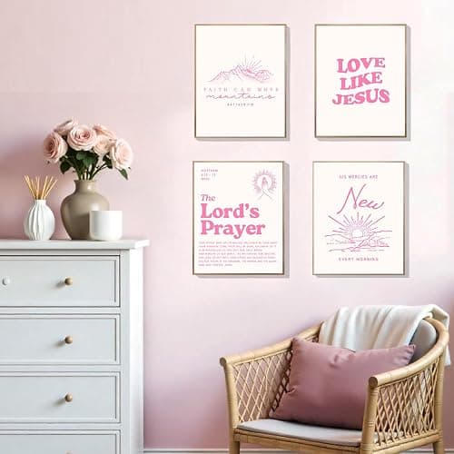 EVER-GOING TUNE Coquette Pink Bible Verse Wall Art Decor Posters Set of 4,Inspirational Scripture Prints,Jesus Wall Art,Minimalist Christian Room Decor for Bedroom/Dorm/Church 10x8 Inch (UNFRAMED) thumbnail 3