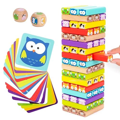 Nene Toys Wooden Tumble Tower Game with Animals & Colors, 4-in-1 Educational Family Board Game for Kids Ages 3-9, Creativity & Cognitive Skills Booster - Gift for Boys Girls 3+ Years - Image 1