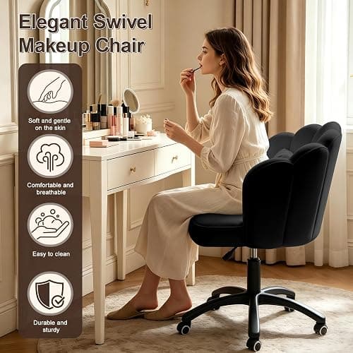 XUEGW Petal Desk Chair with Bow Cushion Velvet Vanity Chair with Wheels, Upholstered Home Office Chair for Girls Women, Mid-Back Swivel Computer Task Chairs for Living Room Bedroom thumbnail 3