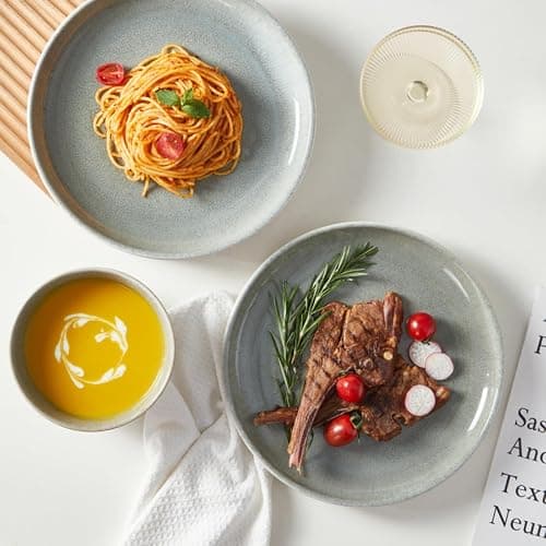 Pokini 16 Piece Double Bowl Dinnerware Sets, Stain Resistant Dish Set with Pasta Bowls, Easy Cleaning Dishes, Multi-Functional Plate and Bowl, Stack Compactly Plate Set, Service for 4 thumbnail 6