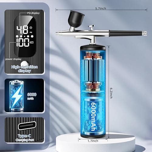 Airbrush Kit with Compressor - 48PSI High Pressure, Non-Clogging Air Brush Set, 6000 mAh Extra Long Standby, Ideal for Painting, Modeling, Cake Decorating, Pastry, Makeup and Nail Art thumbnail 2