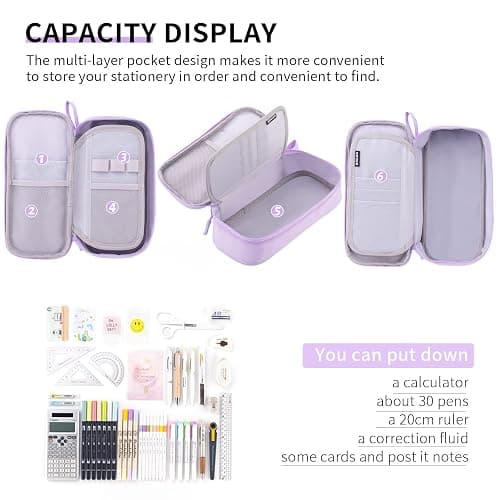 CICIMELON Durable Pen Pencil Case Big Storage Pen Pouch Bag for School Supplies Office College Teen Girls Adults, Purple thumbnail 3