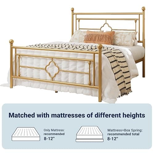 Allewie Full Size Metal Platform Bed Frame, Victorian Headboard, Gold | Heavy Duty Metal Slats Support, Mattress Foundation, Under Bed Storage, No Box Spring Needed, Noise-Free, Easy Assembly thumbnail 7