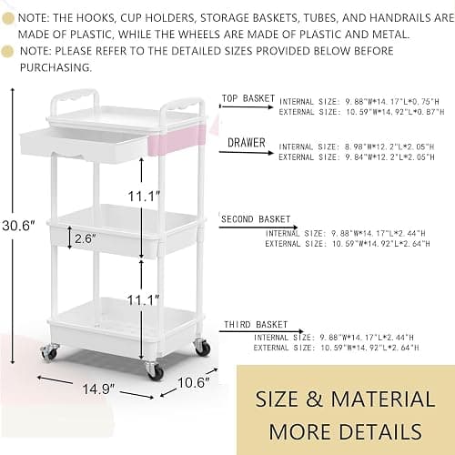 Goovilla 3 Tier Rolling Utility Cart Organizer with Removable Drawer, Stable and Sturdy White Rolling Storage Carts with 2 Lockable Wheels for Bathroom, Kitchen, Snack, Craft, Makeup, Baby Essentials thumbnail 8