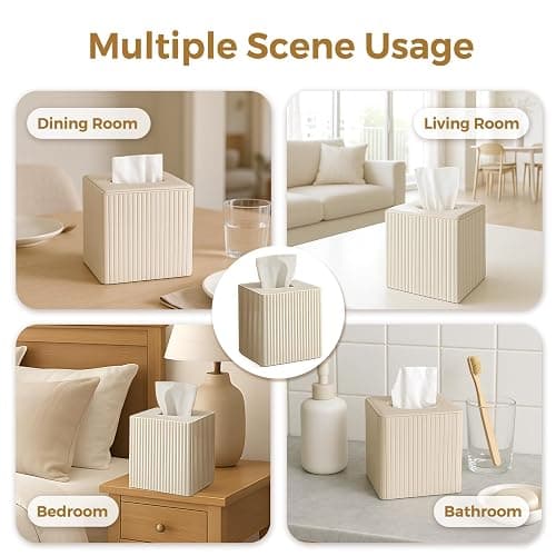 KALEKAIL PU Leather Tissue Box Cover, Square Tissue Box Holder with Magnetic Closure, Modern Cube Tissue Covers Tissue Holders for Bathrooms, Ivory White thumbnail 7