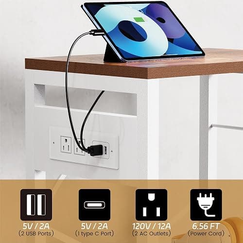 YAKANJ End Table with LED Light,Record Player Stand with Charging Station,Vinyl Records Storage,Turntable Stand Albums Storage for Music Room Studio-Industry White thumbnail 4