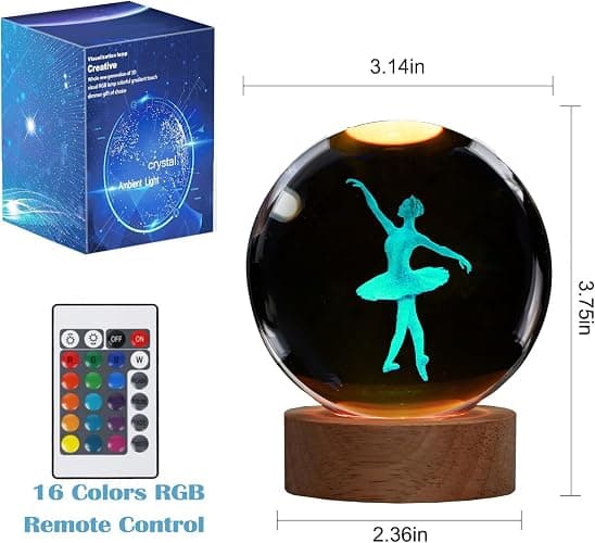 Ballet Night Light, Dance Recital Gifts, K9 3.15 Inch (80mm) Crystal Ball Lamp with 16 Colors Remote Upgraded Lamp for Birthday Xmas Cool Fairygirl Figurines Gifts for Ballerina Girls Room Decor thumbnail 9
