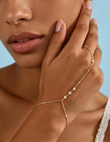 YEEZII Gold Hand Chain Bracelets for Women, 2 Pcs 14k Gold Plated Cubic Zirconia Link Chain Bracelet Set, Trendy ring bracelet hand chain Jewelry for Her thumbnail 4