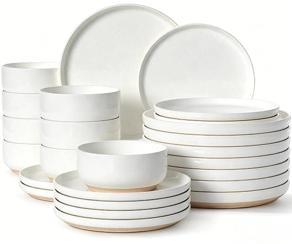 Plates and Bowls Sets, Scratch Resistant Dinnerware Sets for 8, 24 Pieces Porcelain Ceramic Dishware Dishes Set, Modern Stoneware Kitchen Dinner Set, Microwave and Dishwasher Safe, Cream White - Image 1