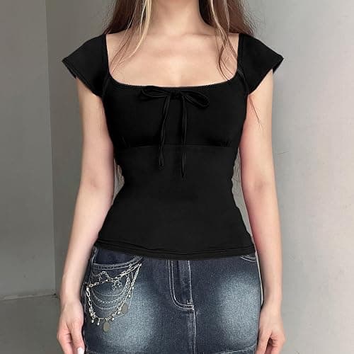 Women Y2K Fairy Grunge Top Cap Sleeve Square Neck Lace Brim Bow Tie Front Babydoll Tops Baby Tees thumbnail 2