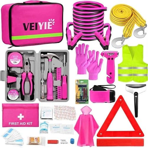 VEIYIE Roadside Emergency Car Kit for Vehicles, Pink Car First Aid Kit Emergency Kit with Jumper Cables, Car Safety Kits, Tow Strap, Tool Kit, Road Trip Assistance for Men, Women, New Driver Gifts - Image 1