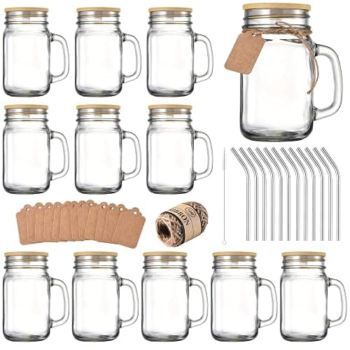 TANGLONG 16 oz Mason Jars with Handle, Mason Jar Cups, Glass Cups with Lids and Straws, Drinking Glasses Set of 12 - 16 oz Mason Jar with Bamboo Lids - Image 1