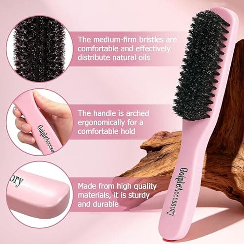 Boar Bristle Slick Back Hair Brush for Smooth Flyaways, Frizz, Sleek Ponytail, Buns and Edge Baby Hair, Teasing | Hair Comb, Edge Brush, Teasing Brush Styling Accessories for Kids, Women & Men (Pink) thumbnail 2