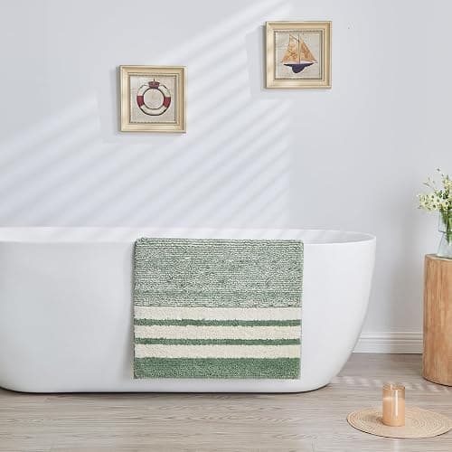 CozeCube Sage Green Striped Bath mats for Bathroom Non Slip, Fluffy Absorbent Microfiber Bath mat Washable, Aesthetic Bathroom Rugs, Large Bath mat for Sink, 36" x 24" - 3' x 2' (Rectangular) - Stirped-sage Green - Image 1