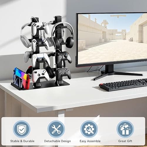 Headphone and Game Controller Desk Stand for PS5/ Xbox/ PS4 Controller, 4 Tiers Headset Hanger with Organizer for Switch 2/1/PS Portal Game Console, Multiple Controller Storage Dispay Rack-16 Hooks thumbnail 6