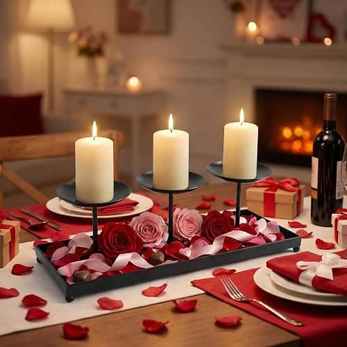 flangairy 3 Pillar Black Metal Candle Holders for Table Centerpiece, Fall Thanksgiving & Halloween Dining Table, Fireplace Mantel Decor, Tray Candlestick for Living Room Rustic Decorations thumbnail 2