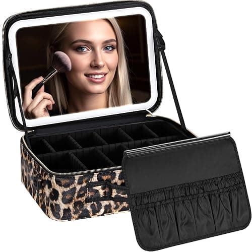 IPOW Travel Makeup Bag with LED Mirror, 3 Adjustable Light Settings, Customizable Dividers, Portable Travel Organizer, USB Charging, Leopard print, Large - Image 1