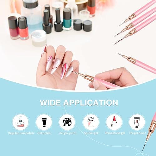 Nagelkunstpinsel, 5 Stück Nagelkunst Liner Pinsel, Malerei Kunst Design Pinselset Nagelpunktier-Zeichenwerkzeug für lange Linien, dünne Details, feines Zeichnen in den Größen 6/9/12/15/18 mm, rosa. thumbnail 5