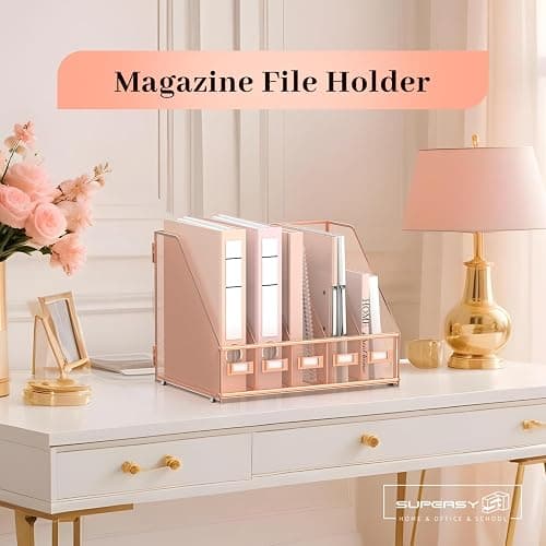 SUPEASY Desk Organizers Metal Desk Magazine File Holder with 5 Vertical Compartments Rack File Organizer for Office Desktop, Home Workspace, Rose Gold, Plus thumbnail 3