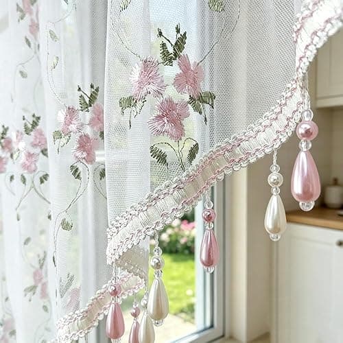 1PC Victorian Style Floral Sheer Swag Curtain Valance for Arched Door | Pink Embroidered Window Treatment with Beaded Trim, Rod Pocket Light Filtering Tier Curtain for Kitchen Princess Bedroom thumbnail 4