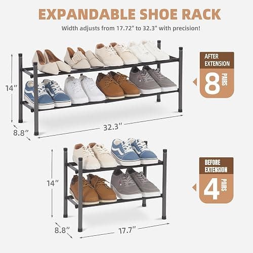 STORAGE MANIAC Expandable Shoe Rack, 8 Pairs Stackable Small Shoe Rack, Metal Adjustable Shoes Organizer for Closet, Entryway, Hallway, Garage, Front Door, Shoes Shelves, Black 2 Tier thumbnail 3