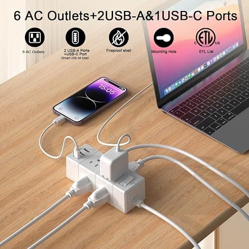 10Ft Extension Cord Flat Plug Power Strip - Tcstei 3-Side Outlet Extender with 6 AC Outlets and 3 USB Ports (1 USB C), Compact for Home, Office, Dorm Room Essentials, ETL, White - 10Ft/2U1C - White thumbnail 2