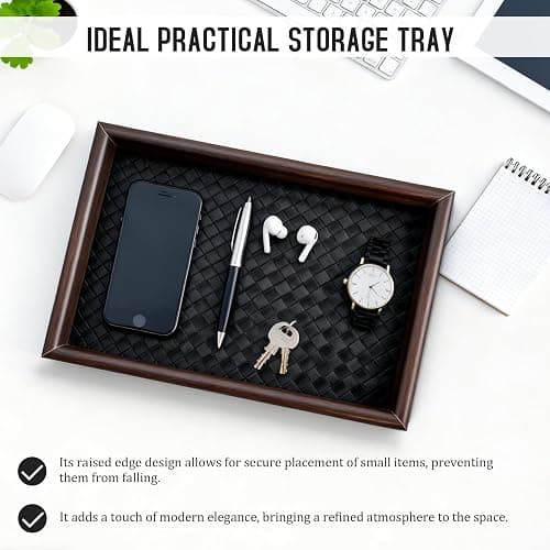 Wooden Valet Tray Desk Organizer with Leather Base,Nightstand, Entryway Bedside Dump Holder for Wallets, Keys, Watches, Jewelry & Sunglasses thumbnail 7