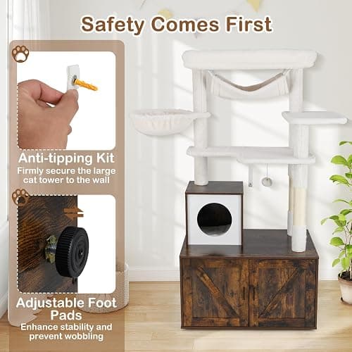 Tangkula Cat Tree with Litter Box Enclosure, Industrial Hidden Litter Box with Cat Tower, Sisal Scratching Posts, Hammock, Hanging Toy and Basket Bed, Condo, Wooden Cat Washroom for Indoor Cats thumbnail 8