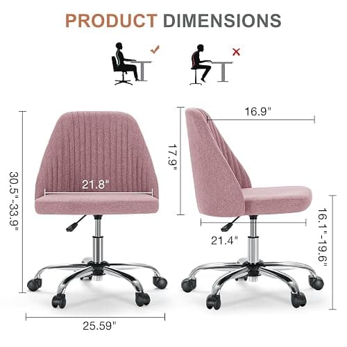 DUMOS Office Desk Chair, Modern Cute Rolling Vanity Swivel Task Seating with Wheels, Comfortable Back Seat Armless for Home, Bedrooms, Study, Student, Adults, Make-Up, Dressing Room Pastel Pink - Pastel Pink thumbnail 2