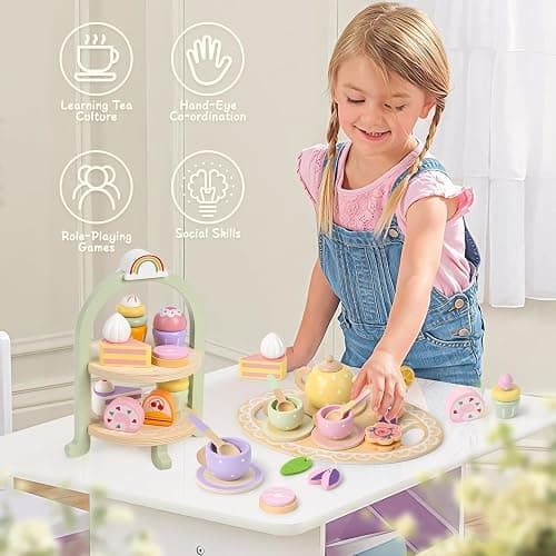 Lonico Wooden Tea Party Set for Little Girls Toddler Tea Set with Cupcake Stand & Food Dessert, Play Kitchen Accessories for Toddlers 2 3 4 5 6 Years Old, Wooden Toys Birthday Kids Girls Gifts 3-6 thumbnail 7