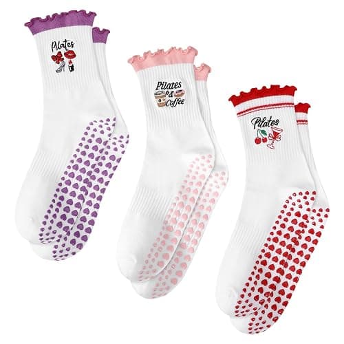 scenicamp 3/6 Pairs Cute Pilates Socks for Women, Ruffle Frilly Yoga Socks Non Slip Cotton Crew Ballet Socks with Embroidery thumbnail 9