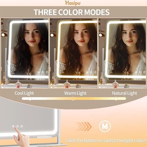Hasipu Vanity Mirror with Lights, 35.4" x 23.6" LED Makeup Mirror, Light up Mirror with 10X Magnification and Phone Holder, USB Charging Port, Smart Touch 3 Colors Dimmable (White) thumbnail 4